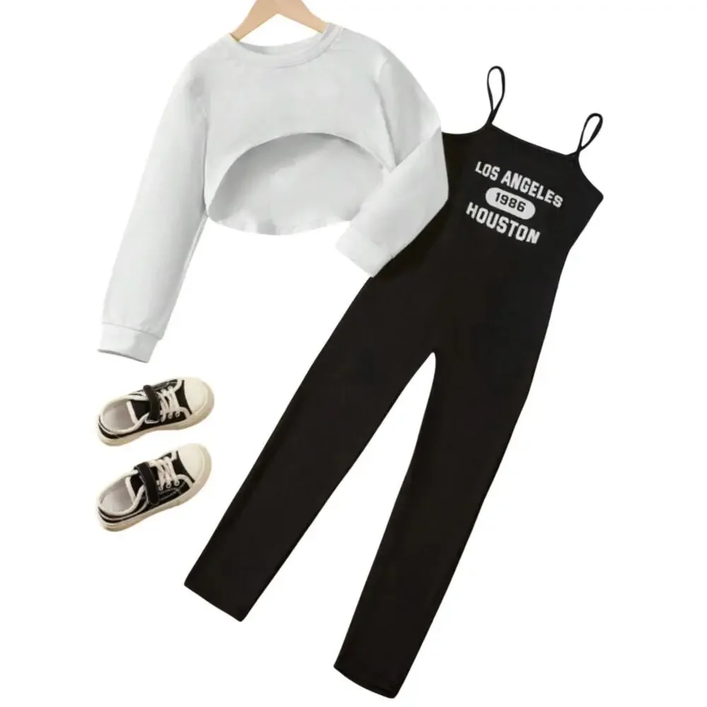 Girl Graphic Cami Jumpsuit & Crop Pullover in Black/White, Size 7Y​
